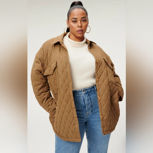 NWT Good American Quilted Sherpa Button Shacket Jacket Brown 🤎 5/6 XXL/3XL - Picture 6 of 10